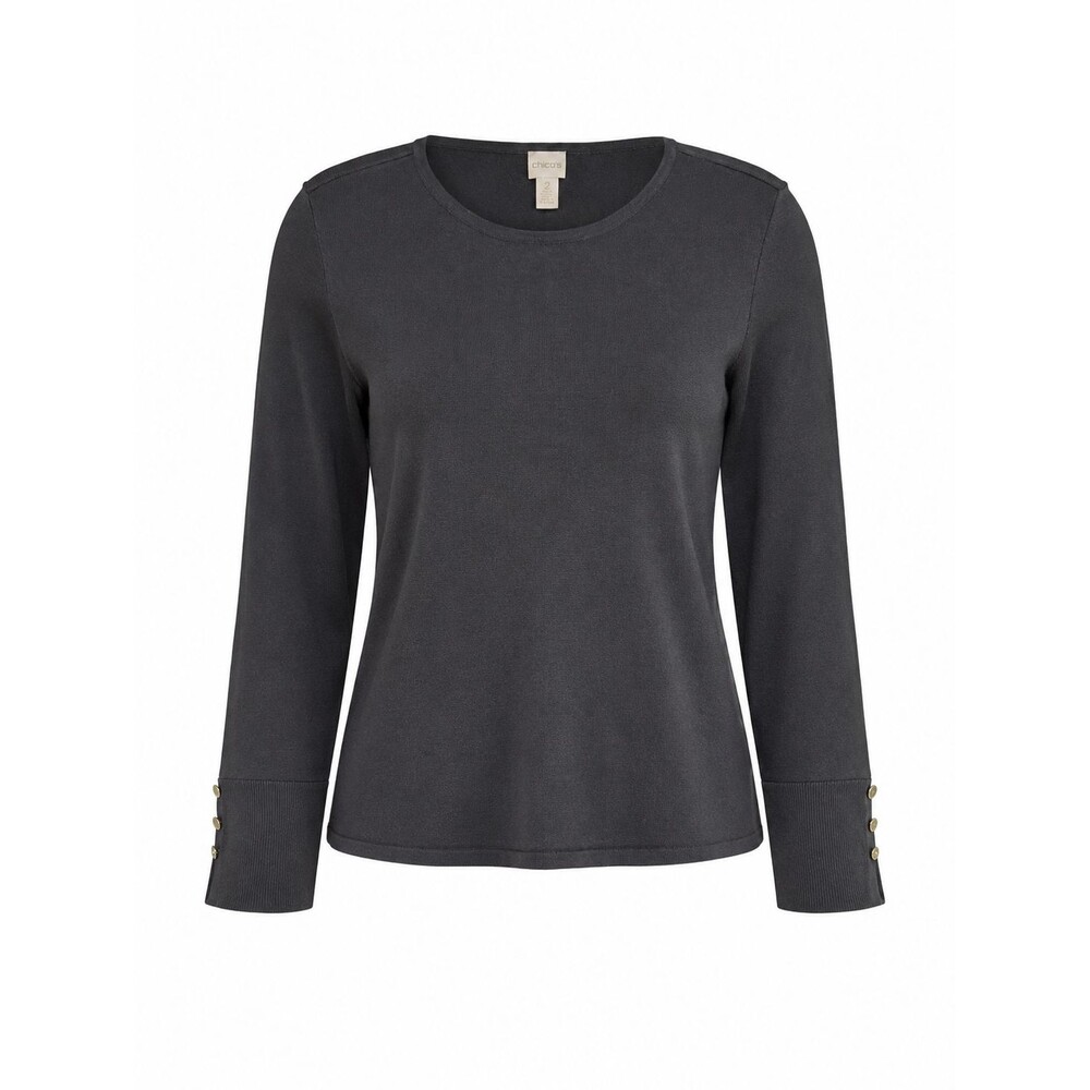 Chico's Size 2 Black Knit Pullover Sweater Long Sleeve Gold Button Cuff Women's